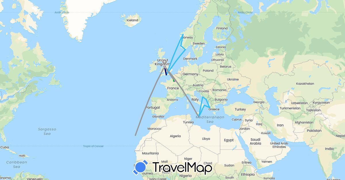 TravelMap itinerary: driving, bus, plane, train, boat in Spain, France, United Kingdom, Greece, Croatia, Italy, Malta, Norway (Europe)